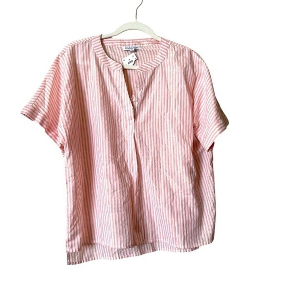 NWT STUDIO WEST Pink White & Gold Metallic Striped Light Cotton S/S Blouse Top L